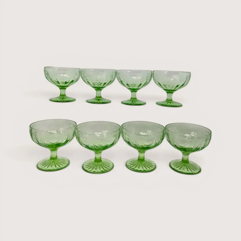 1930 Hocking Glass Cameo Green Depression Glass Sherbet Glasses Set of 8